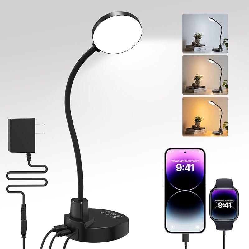 15W LED Desk Lamp with USB Charging - 3 Color Temperatures, 5 Brightne