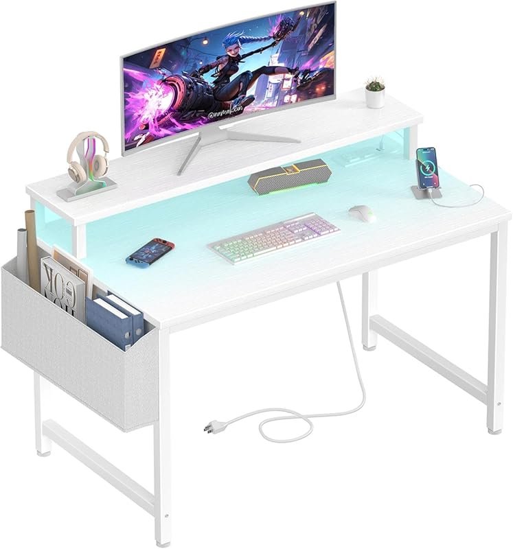Lufeiya 32 Inch Gaming Desk with LED Lights, Power Outlets, Monitor St