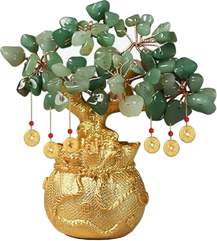 Green Aventurine Money Tree with Golden Bag Bonsai - Feng Shui Wealth 