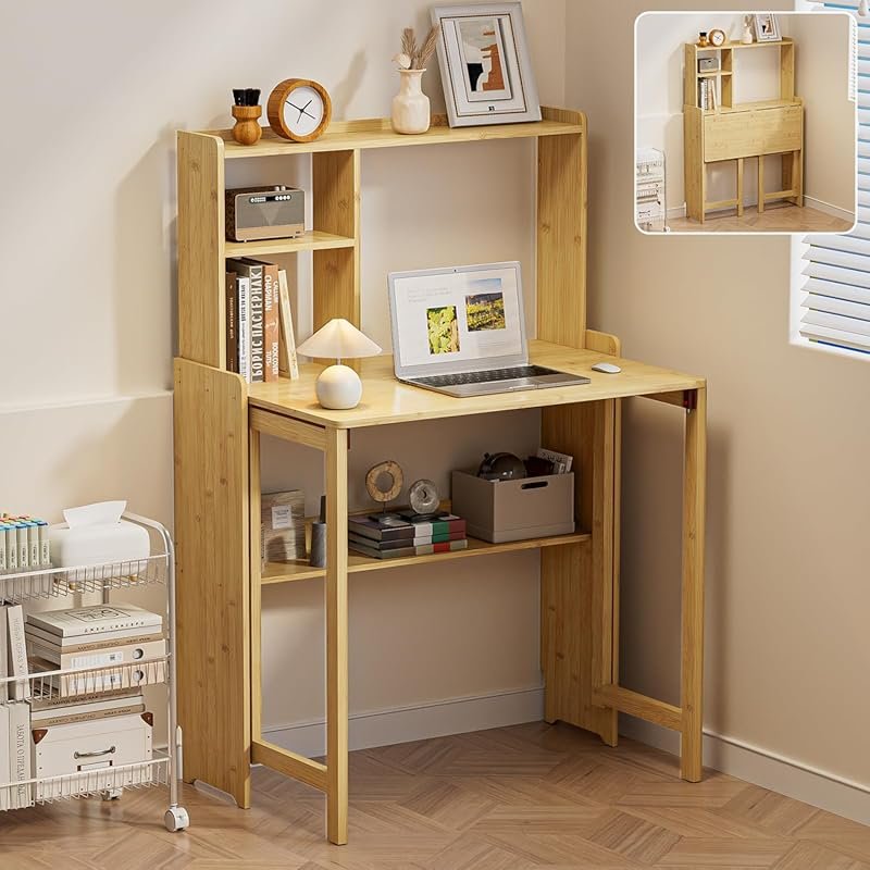 Bamboo Folding Desk with Bookshelf for Small Spaces – Desk with Storag