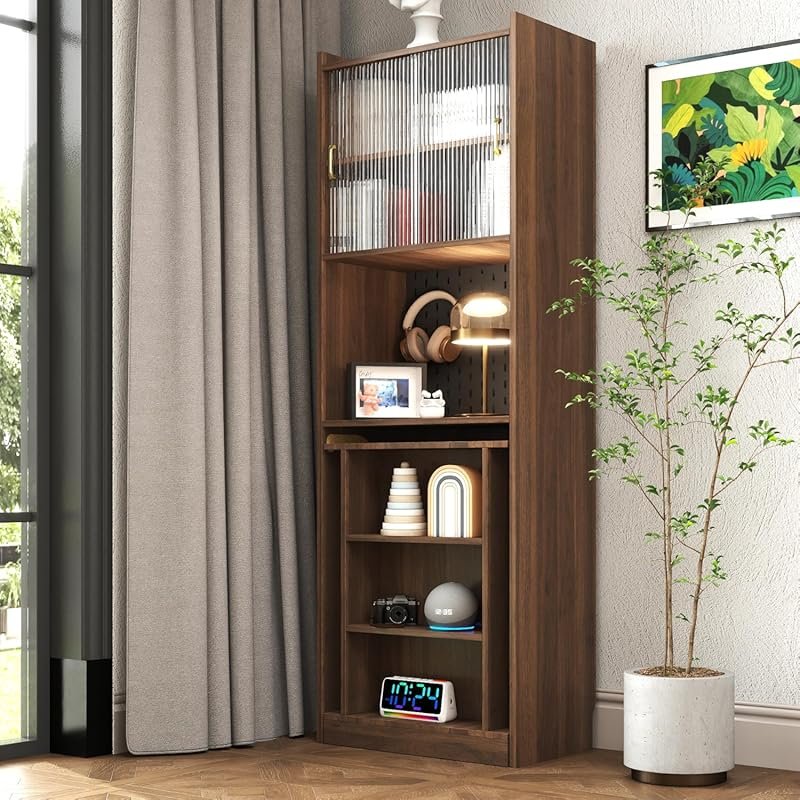 Folding Desk with Shelves Storage, Fold-Out Convertible Table with Gla