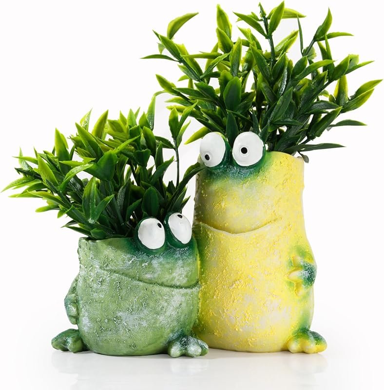 Cute Frog Planter with 2 Lucky Bamboo Stalks - Ceramic Flower Pot and 
