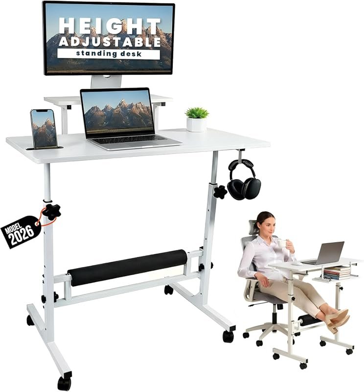 Model 2026 Adjustable Height Rolling Desk with Wheels, Portable for Sm