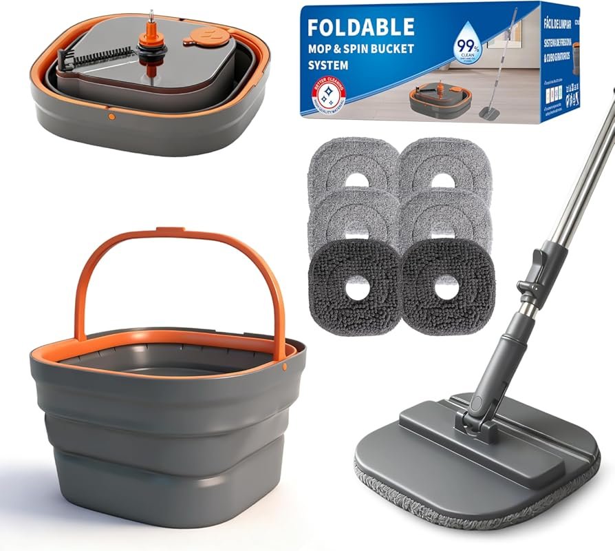 Collapsible Spin Mop Bucket with Separate Clean Dirty Water, 6 Replace