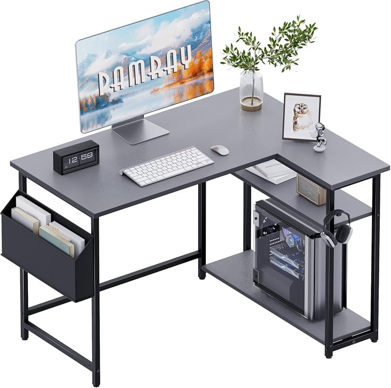 Pamray 40 Inch L Shaped Desk with Reversible Storage Shelves for Small
