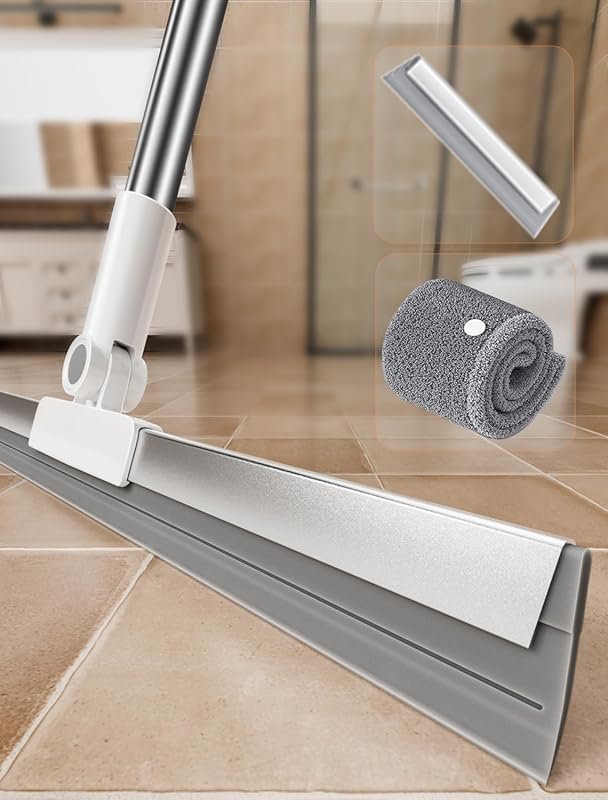 3-in-1 Heavy-Duty Rubber Squeegee Broom with Long Handle, 2 Replacemen