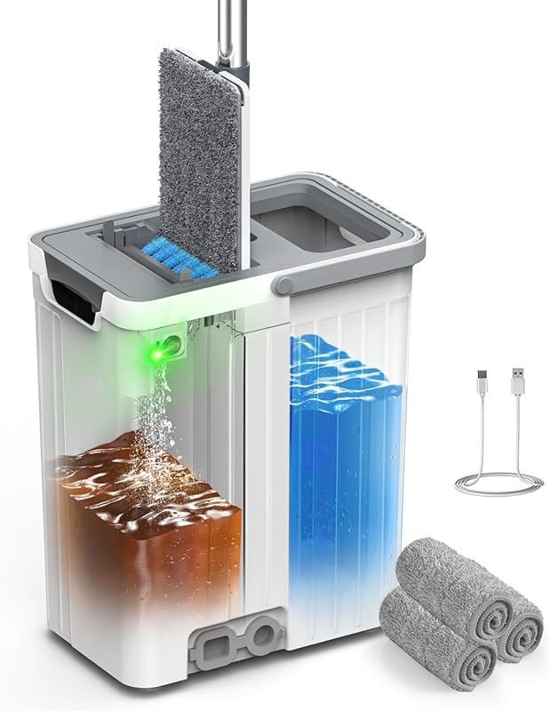 Mop and Bucket Set with AUTO Pump, 3-Zone Water Separation, Flat Mop S