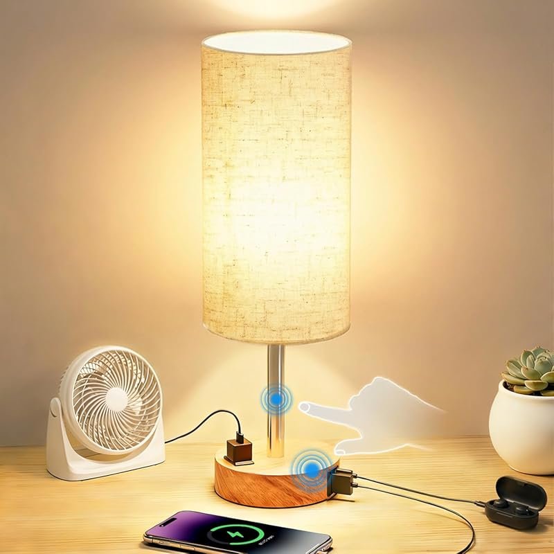 Touch Bedside Lamp: 3-Level Dimming, AC Outlet, USB, USB-C - Ideal for