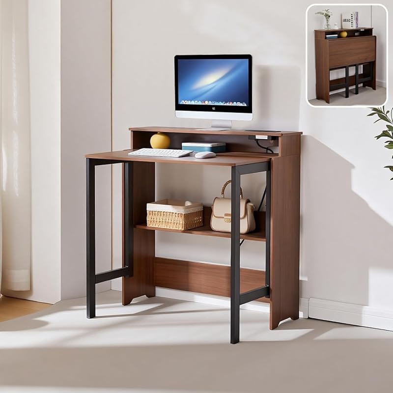 Folding Desk with Charging Station, Monitor Stand, Storage Shelf, Smal