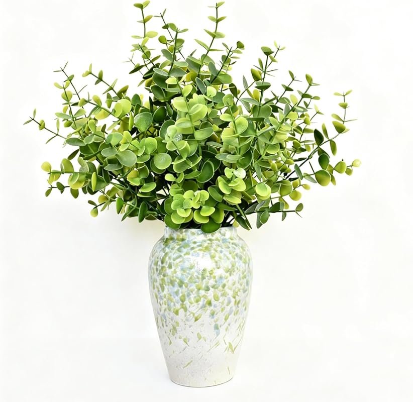 13in Artificial Eucalyptus in Green Blue Speckled Ceramic Vase for Tab