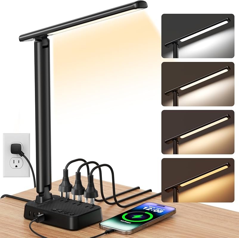 LED Desk Lamp: 3 Outlets, 4 USB Ports (2 USB-C), 4 Modes, 5 Brightness