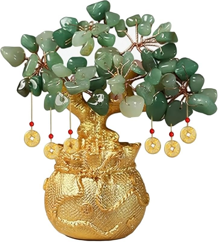 Green Aventurine Money Tree with Feng Shui Golden Money Bag Base for W