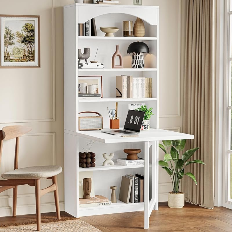 Wall Mount Fold Out Computer Desk with Storage - Space-Saving Folding 