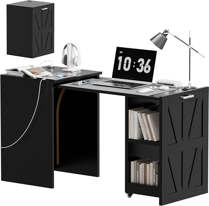 Pull-Out Desk Cabinet: Spacious Desktop, Hidden Storage, Charging Stat